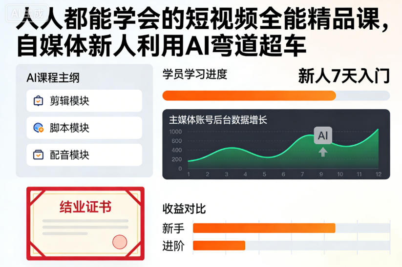 人人都能学会的短视频全能精品课，自媒体新人利用AI弯道超车-大伟资源网