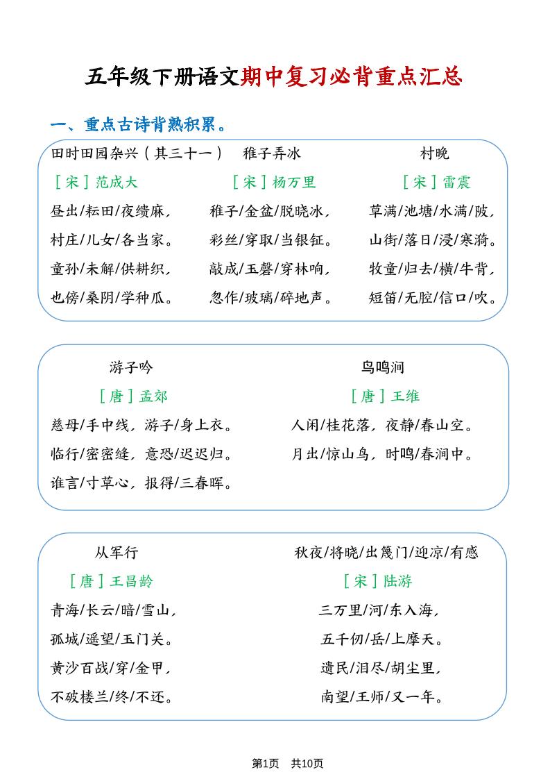 五年级下语文期中复习重点知识点汇总1-大伟资源网