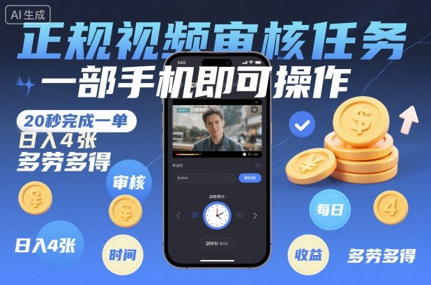 正规视频审核任务，一部手机即可操作，20秒完成一单，日入4张，多劳多得【揭秘】-大伟资源网