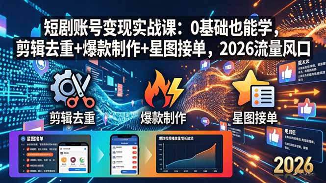 短剧账号变现实战课：0基础也能学，剪辑去重+爆款制作+星图接单，2026流量风口-大伟资源网