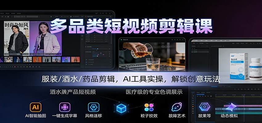 多品类短视频剪辑课：服装/酒水/药品剪辑，AI工具实操，解锁创意玩法-大伟资源网
