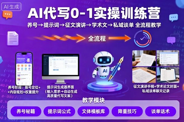 AI代写0-1实操训练营，从养号、提示词、征文演讲、学术文，到私域谈单的全流程教学-大伟资源网