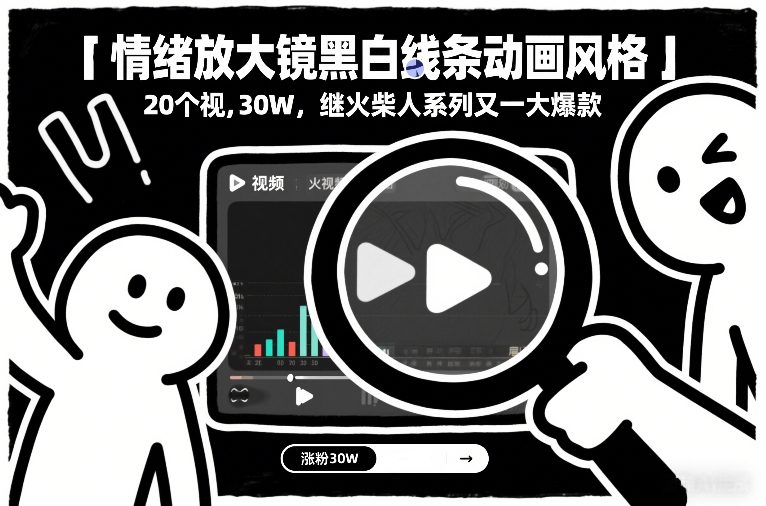 情绪放大镜黑白线条动画风格，20个视频，涨粉30W，继火柴人系列又一大爆款-大伟资源网