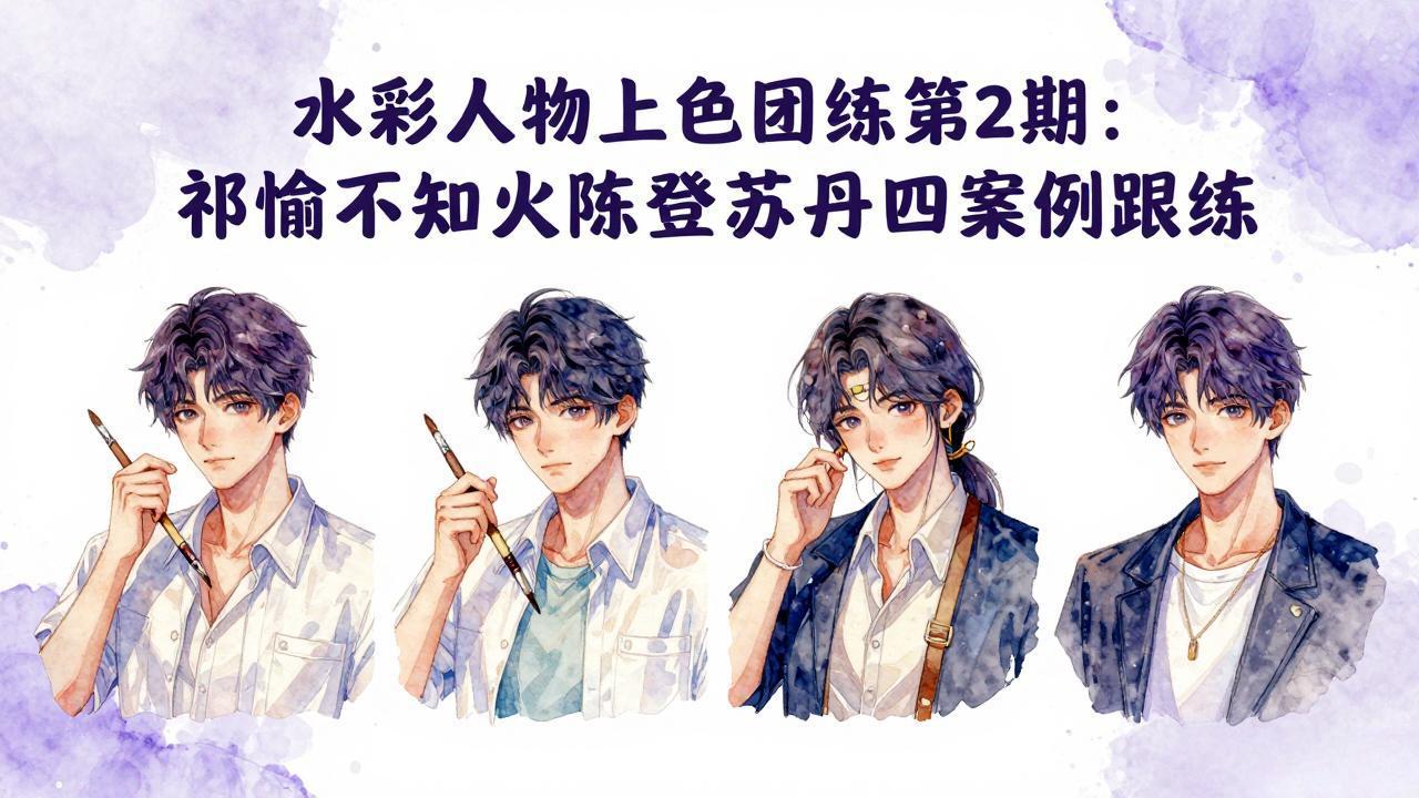 水彩人物上色团练第2期：祁煜不知火陈登苏丹四案例跟练，手把手提升绘画能力-大伟资源网