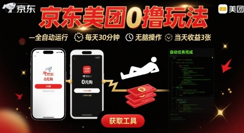 京东美团平台最新0撸玩法，全自动挂G，每天30分钟，无脑操作，当天收益3张【揭秘】-大伟资源网
