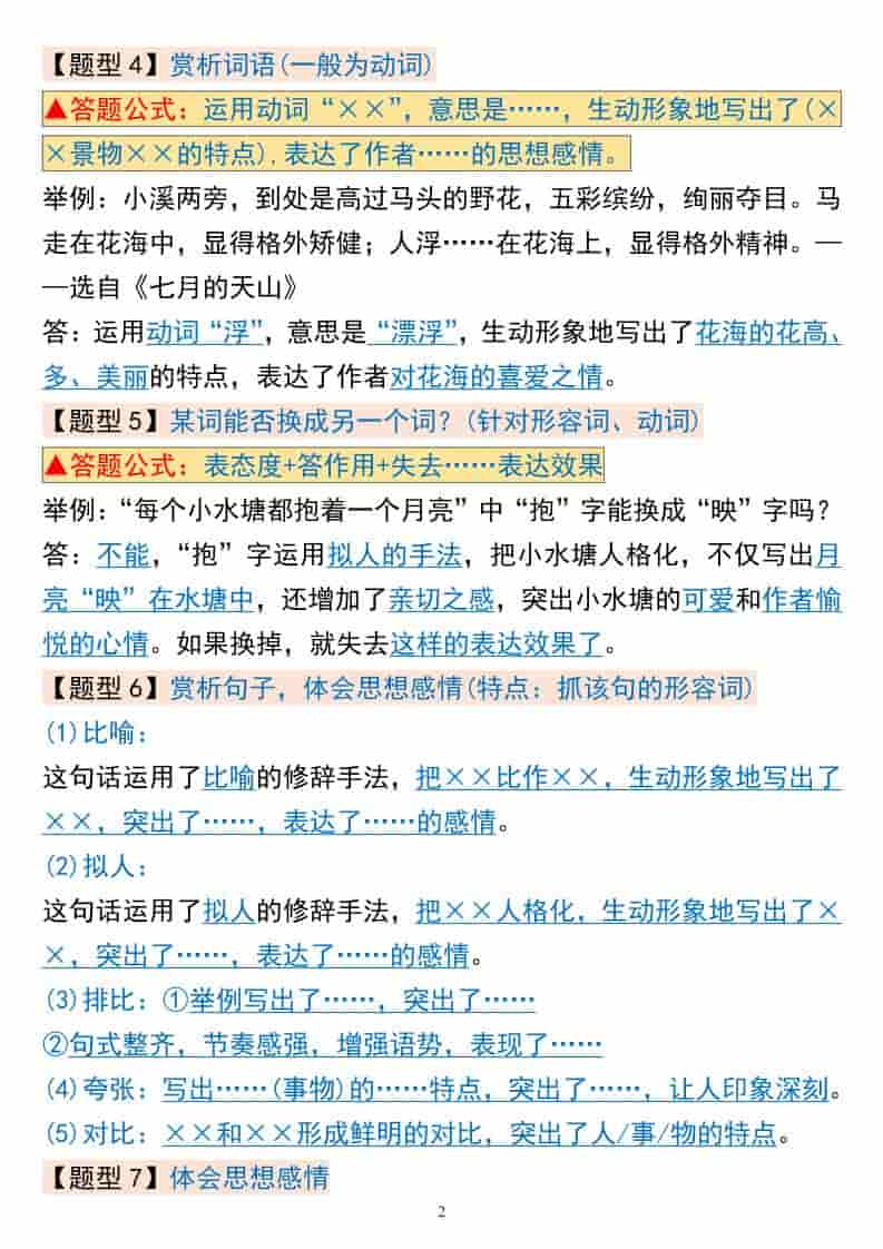 四年级下语文阅读理解常考题型+答题模板-大伟资源网