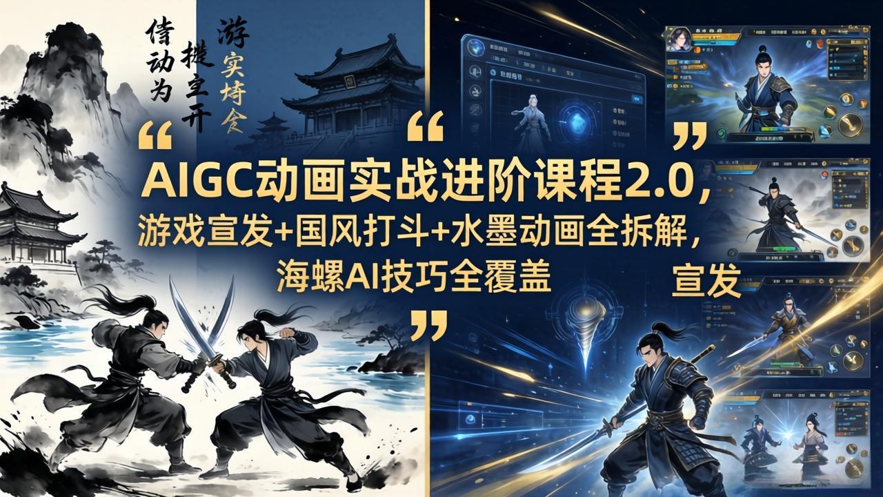 AIGC动画实战进阶课程2.0，游戏宣发+国风打斗+水墨动画全拆解，海螺AI技巧全覆盖-大伟资源网