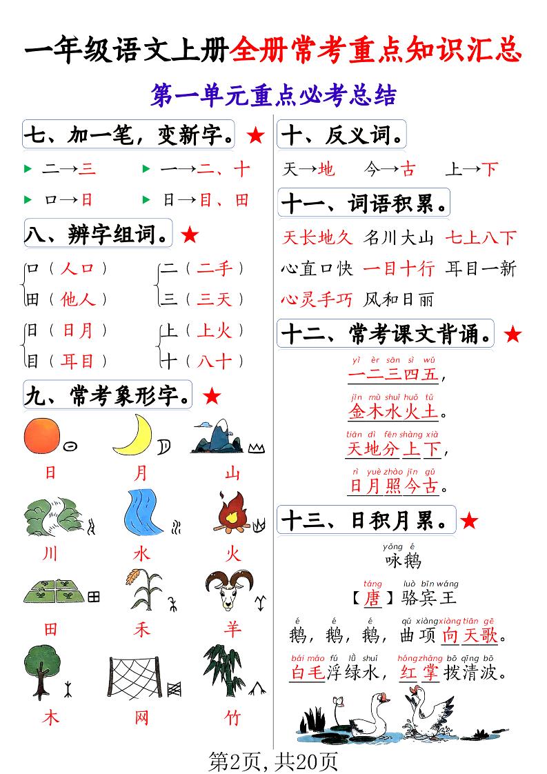一年级语文上册全册常考重点知识汇总-大伟资源网