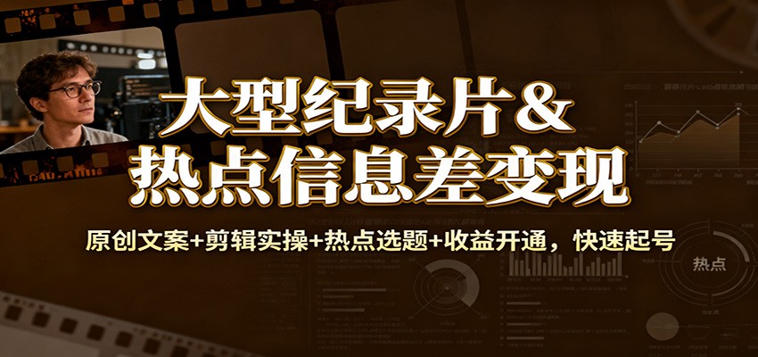 大型纪录片&热点信息差变现：原创文案+剪辑实操+热点选题+收益开通，快速起号-大伟资源网