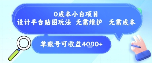 0成本小白项目，设计平台贴图玩法，无需维护，无需成本，单账号单月可产生收益4k+-大伟资源网