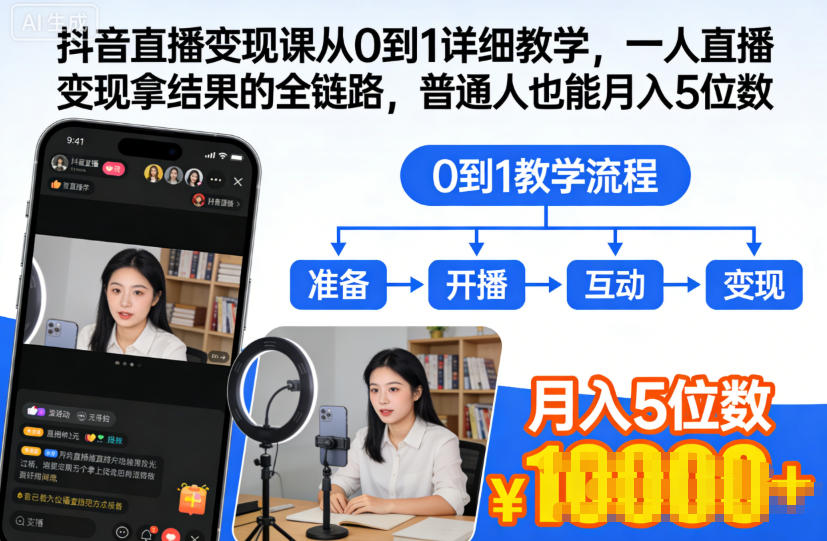 抖音直播变现课从0到1详细教学，一人直播变现拿结果的全链路，普通人也能月入5位数-大伟资源网