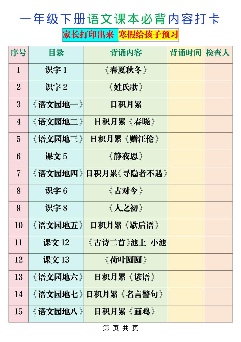 一年级下语文课本必背内容打卡-大伟资源网