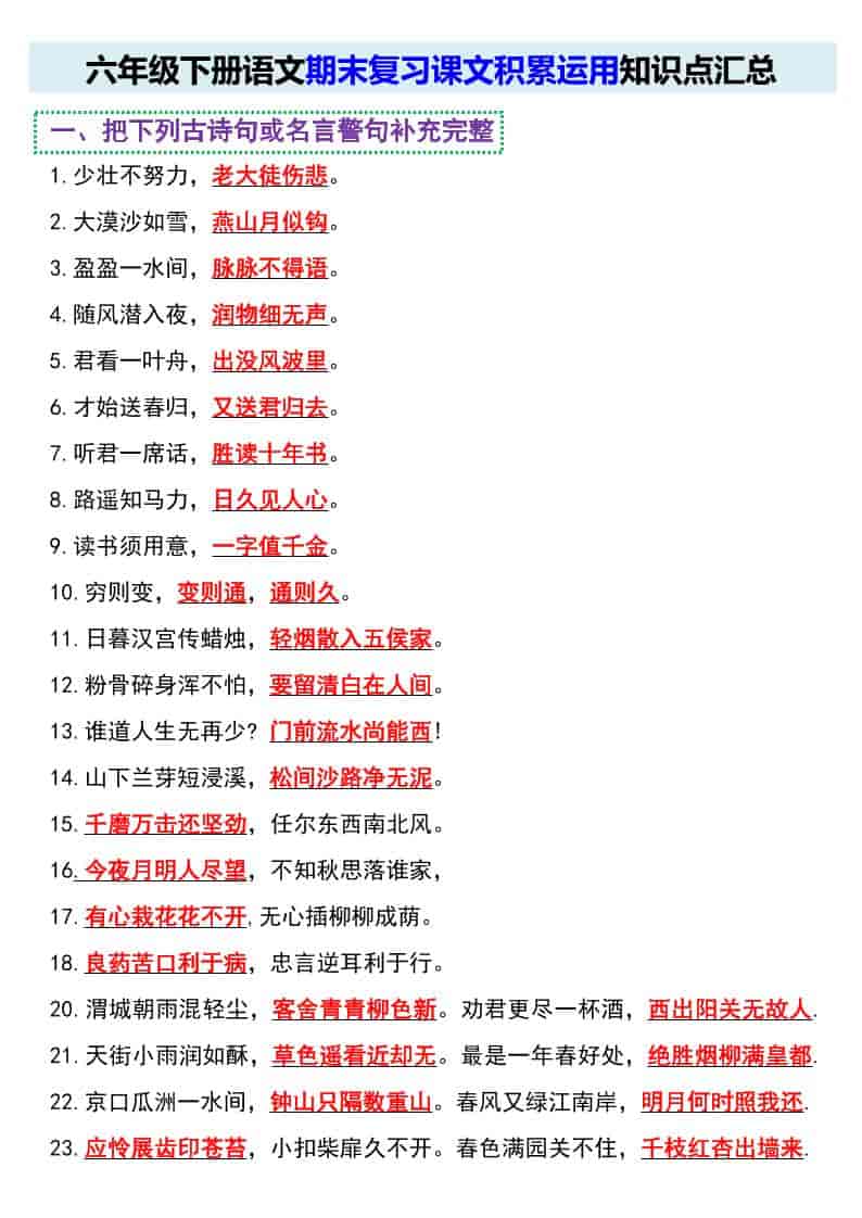 六年级下语文期末复习课文积累运用知识点汇总-大伟资源网