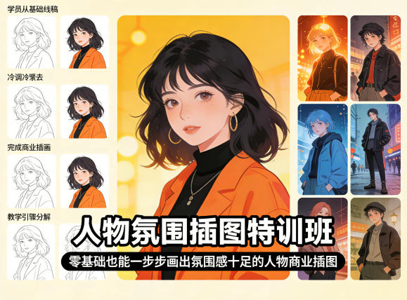 人物氛围插图特训班，零基础也能一步步画出氛围感十足的人物商业插图-大伟资源网