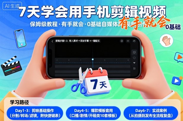 7天学会用手机剪辑视，保姆级教程，有手就会，0基础自媒体短视频创作教程-大伟资源网