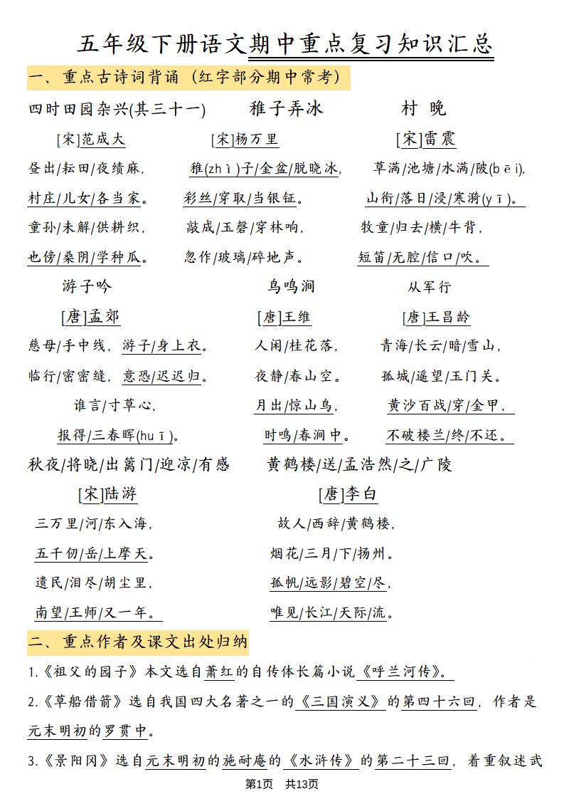 五年级下语文期中重点复习知识汇总-大伟资源网