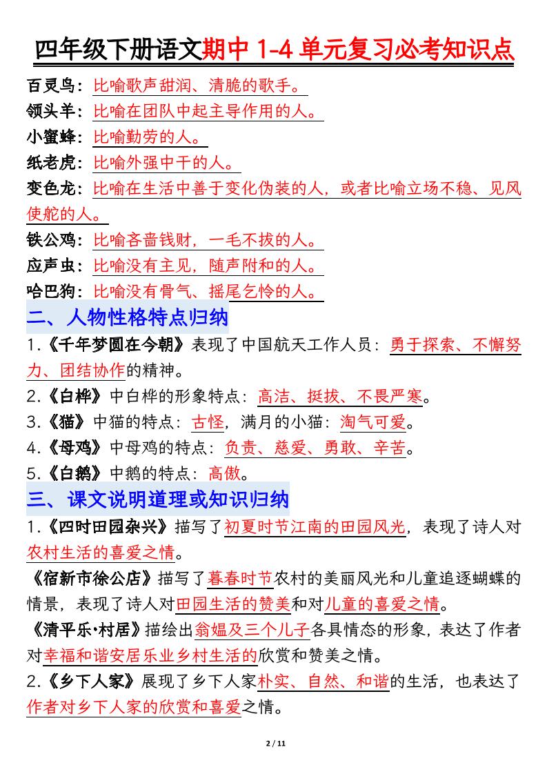 四年级下语文期中1-4单元复习必考知识点-大伟资源网