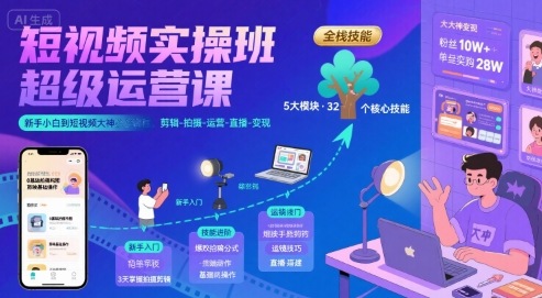 短视频实操班超级运营课，新手小白到短视频大神必修课程，剪辑-拍摄-运营-直播-变现-大伟资源网