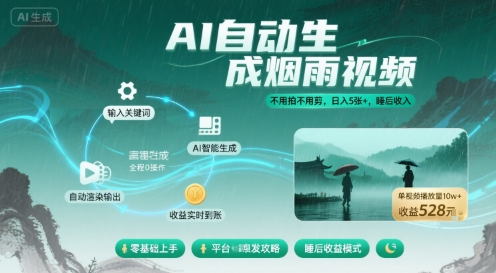 不用拍不用剪！AI自动生成烟雨视频，日入5张+，睡后收入-大伟资源网