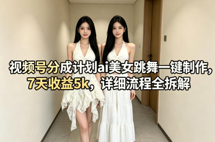 视频号分成计划ai美女跳舞一键制作，7天收益5k，详细流程全拆解-大伟资源网