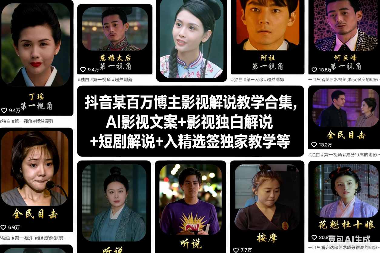 抖音某百万博主影视解说教学合集，AI影视文案+影视独白解说+短剧解说+入精选签独家教学等-大伟资源网