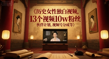 历史女性独白视频，13个视频10w粉丝，伙伴计划，视频号分成等-大伟资源网