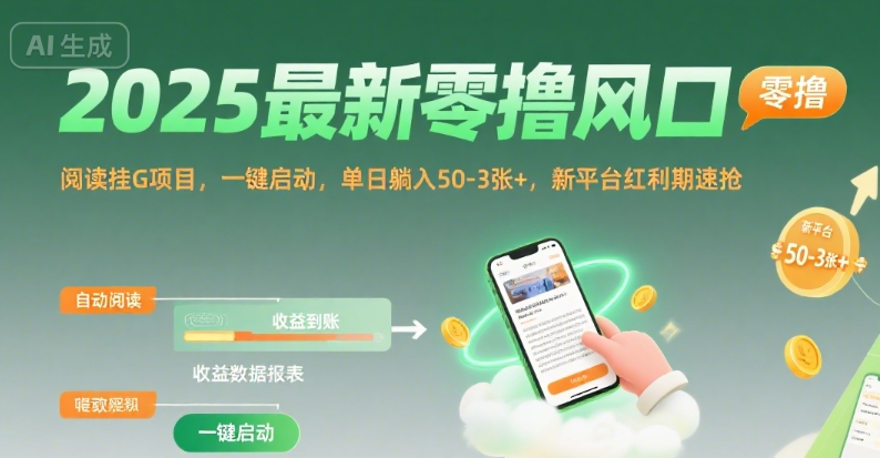 2025最新零撸风口，阅读挂G项目，一键启动，单日躺入 50-3张+，新平台红利期速抢【揭秘】-大伟资源网