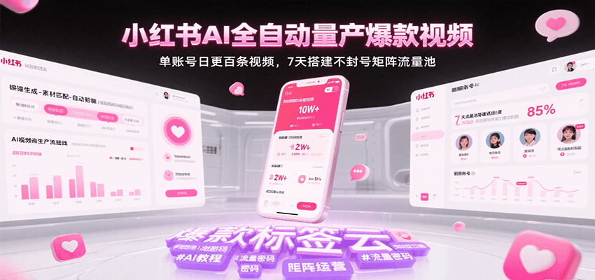 小红书AI全自动量产爆款视频，单账号日更百条视频，7天搭建不封号矩阵流量池-大伟资源网