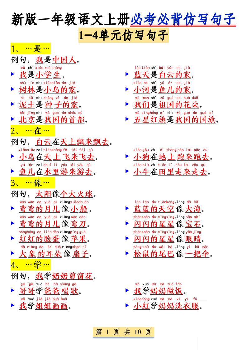 新一上语文必考必背仿写句子(含仿写练习10页)-大伟资源网