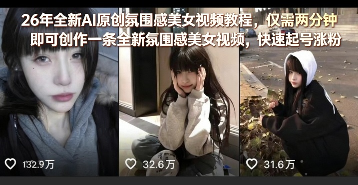 26年全新AI原创氛围感美女视频教程，仅需两分钟即可创作一条全新氛围感美女视频，快速起号涨粉-大伟资源网