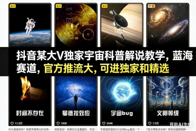 抖音某大V独家宇宙科普解说教学，蓝海赛道，官方推流大，可进独家和精选-大伟资源网