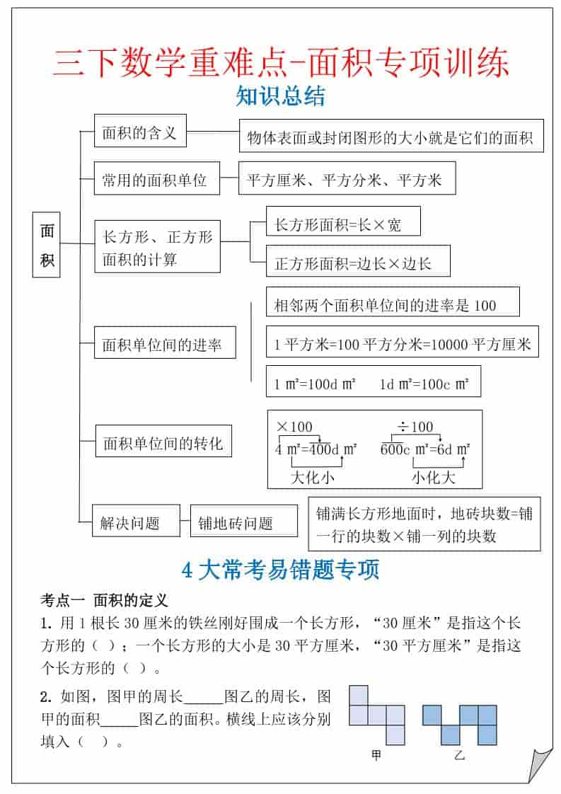 三年级下数学重难点-面积专项训练-大伟资源网
