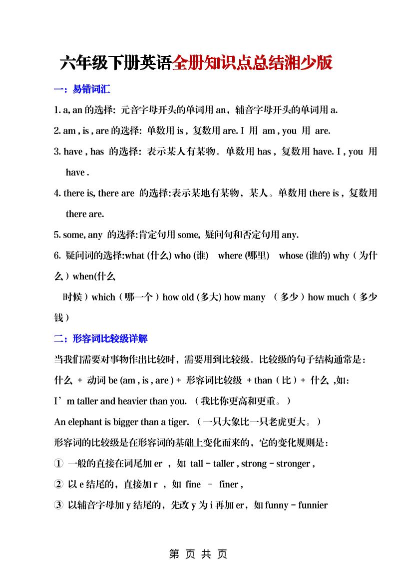 六年级下英语全册知识点总结《湘少版》-大伟资源网