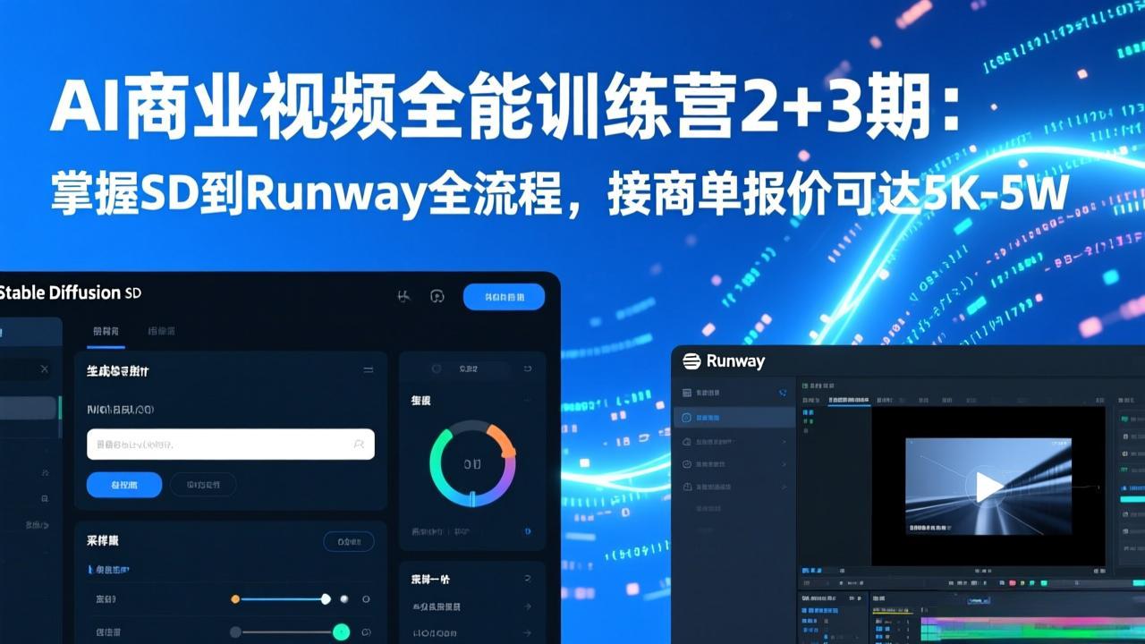 AI商业视频全能训练营2+3期：掌握SD到Runway全流程，接商单报价可达5K-5W-大伟资源网