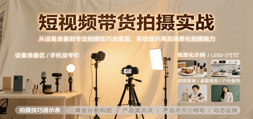 短视频带货拍摄实战，从设备准备到专业拍摄技巧全覆盖，系统提升商品场景化拍摄能力-大伟资源网