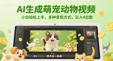 AI生成萌宠动物视频，小白轻松上手，多种变现方式，日入4位数-大伟资源网