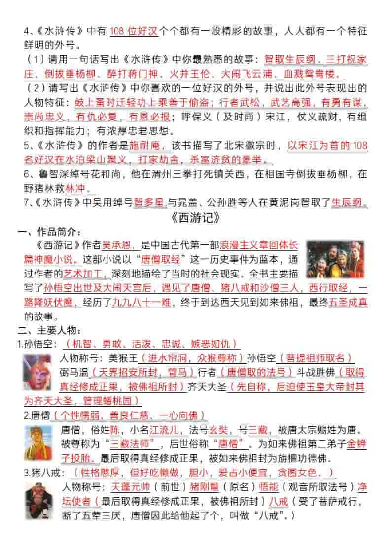 五年级下语文《四大名著》必背知识点-大伟资源网