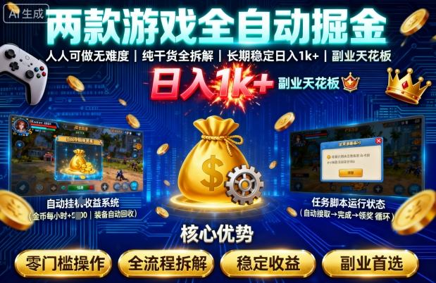 两款游戏全自动掘金，人人可做无难度，纯干货全拆解，长期稳定，日入1k+，副业天花板【揭秘】-大伟资源网