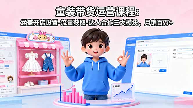 童装带货运营课程：涵盖开店设置-流量获取-达人合作三大模块，月销百万+-大伟资源网