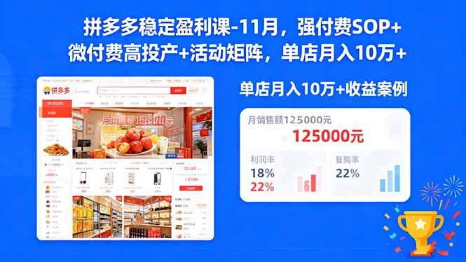 拼多多稳定盈利课-11月，强付费SOP+微付费高投产+活动矩阵，单店月入10万+-大伟资源网