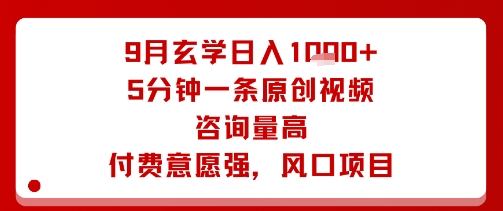 9月玄学日入1k+玩法，5分钟一条原创视频，咨询量高，付费意愿强，风口项目-大伟资源网