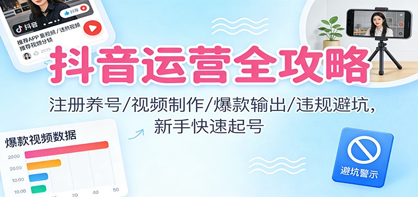 抖音运营全攻略：注册养号/视频制作/爆款输出/违规避坑，新手快速起号-大伟资源网