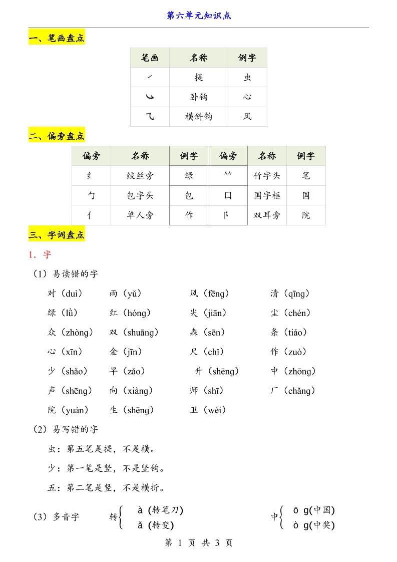 第6单元（知识点）一上语文-大伟资源网