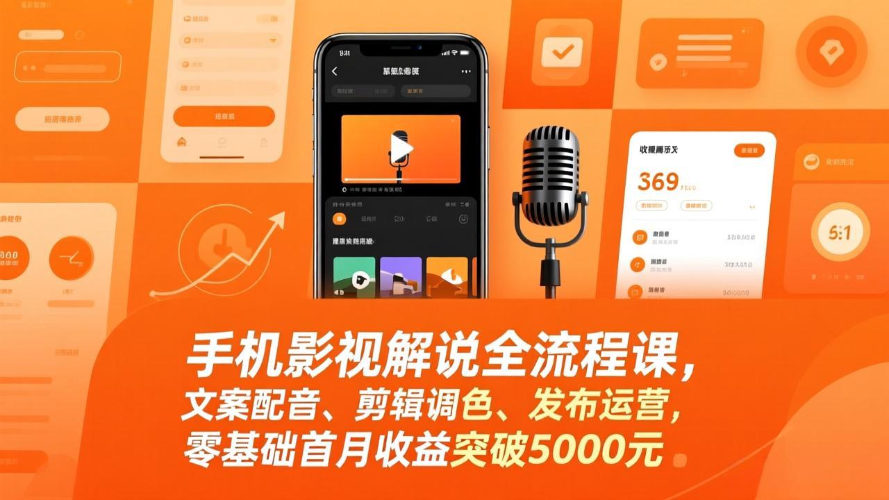 手机影视解说全流程课，文案配音、剪辑调色、发布运营，零基础首月收益突破5000元-大伟资源网