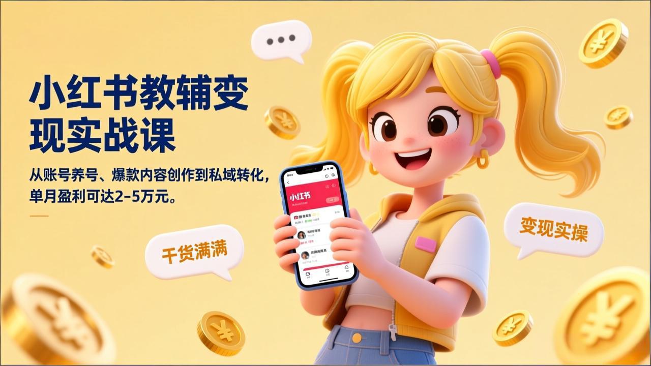 小红书教辅变现实战课，从账号养号、爆款内容创作到私域转化，单月盈利可达2-5万元-大伟资源网