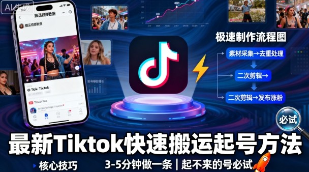 最新Tiktok快速搬运快速起号方法，3-5分钟做一条，起不来的号可以试试-大伟资源网