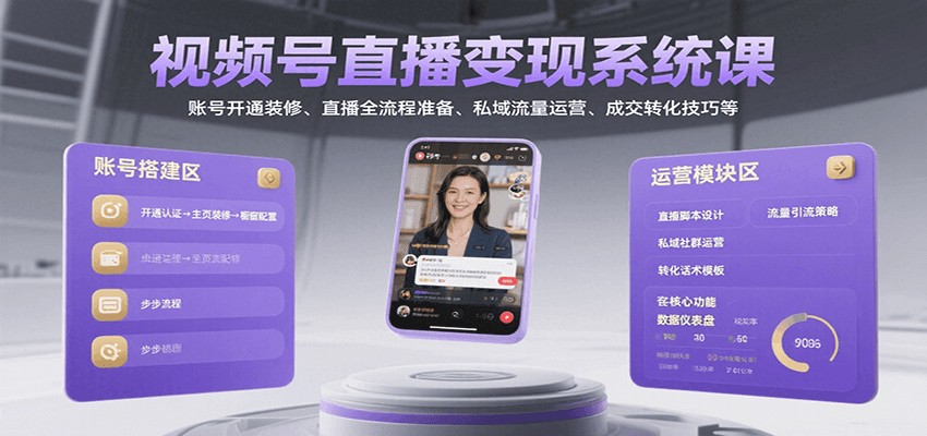 视频号直播变现系统课，账号开通装修、直播全流程准备、私域流量运营、成交转化技巧等-大伟资源网
