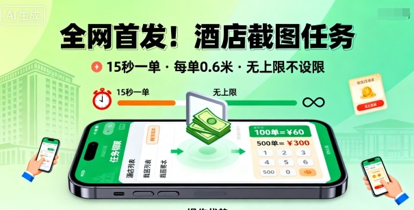 全网首发！酒店截图任务，15秒一单，每单0.6米，任务无上限不设限，矩阵操作单日3张到手【揭秘】-大伟资源网