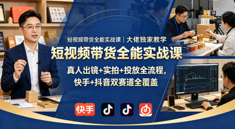 短视频带货全能实战课｜大佬独家教学，真人出镜+实拍+投放全流程，快手+抖音双赛道全覆盖-大伟资源网