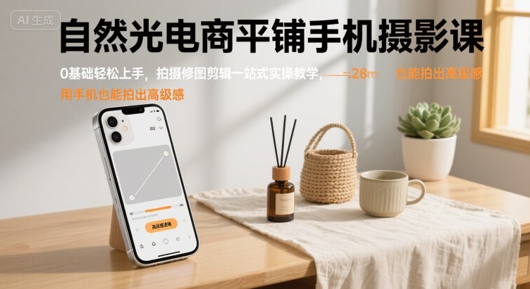 自然光电商平铺手机摄影课，0基础轻松上手，拍摄修图剪辑一站式实操教学，用手机也能拍出高级感-大伟资源网